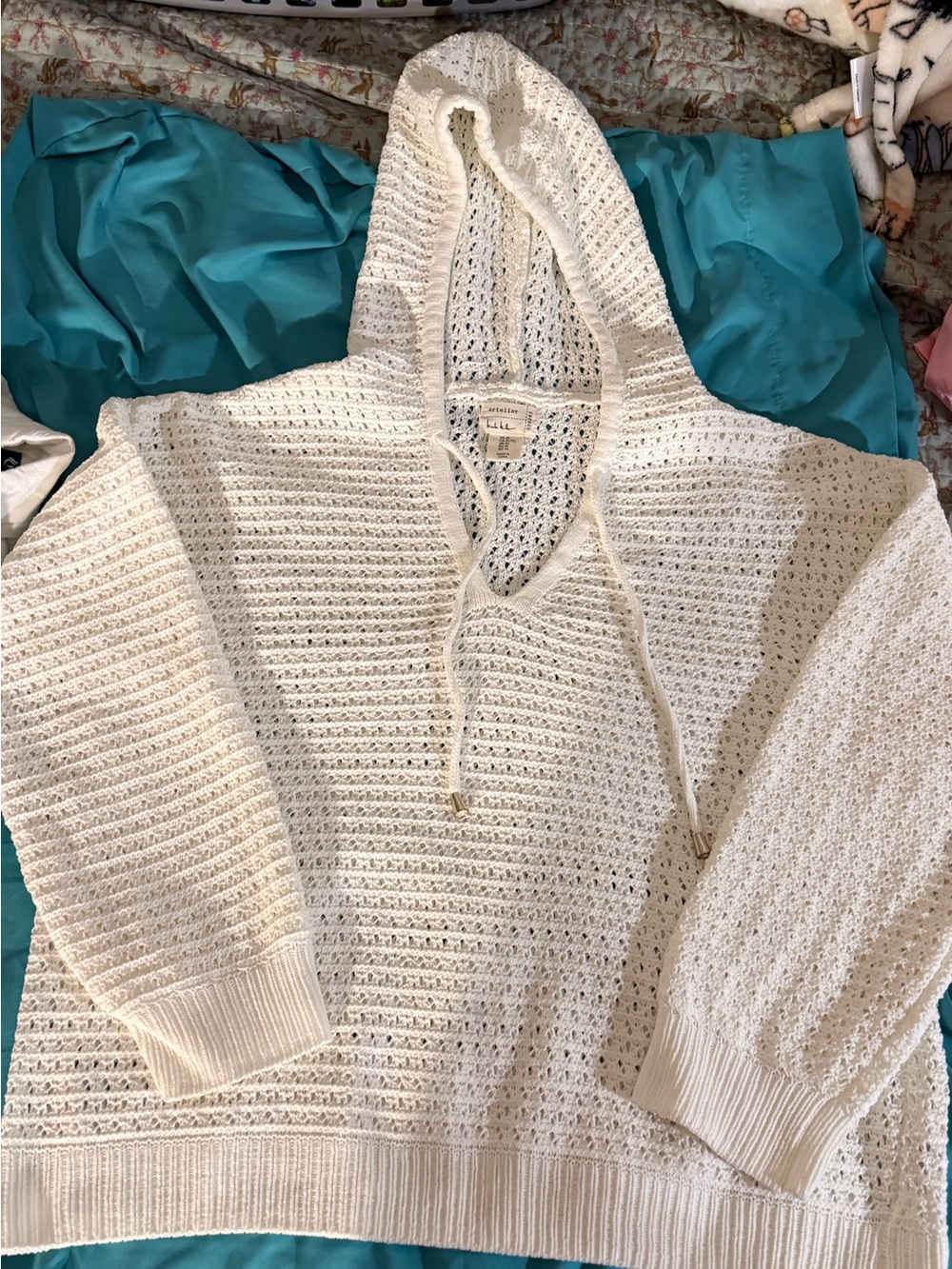Lightweight warm White Hooded Crochet Sweater